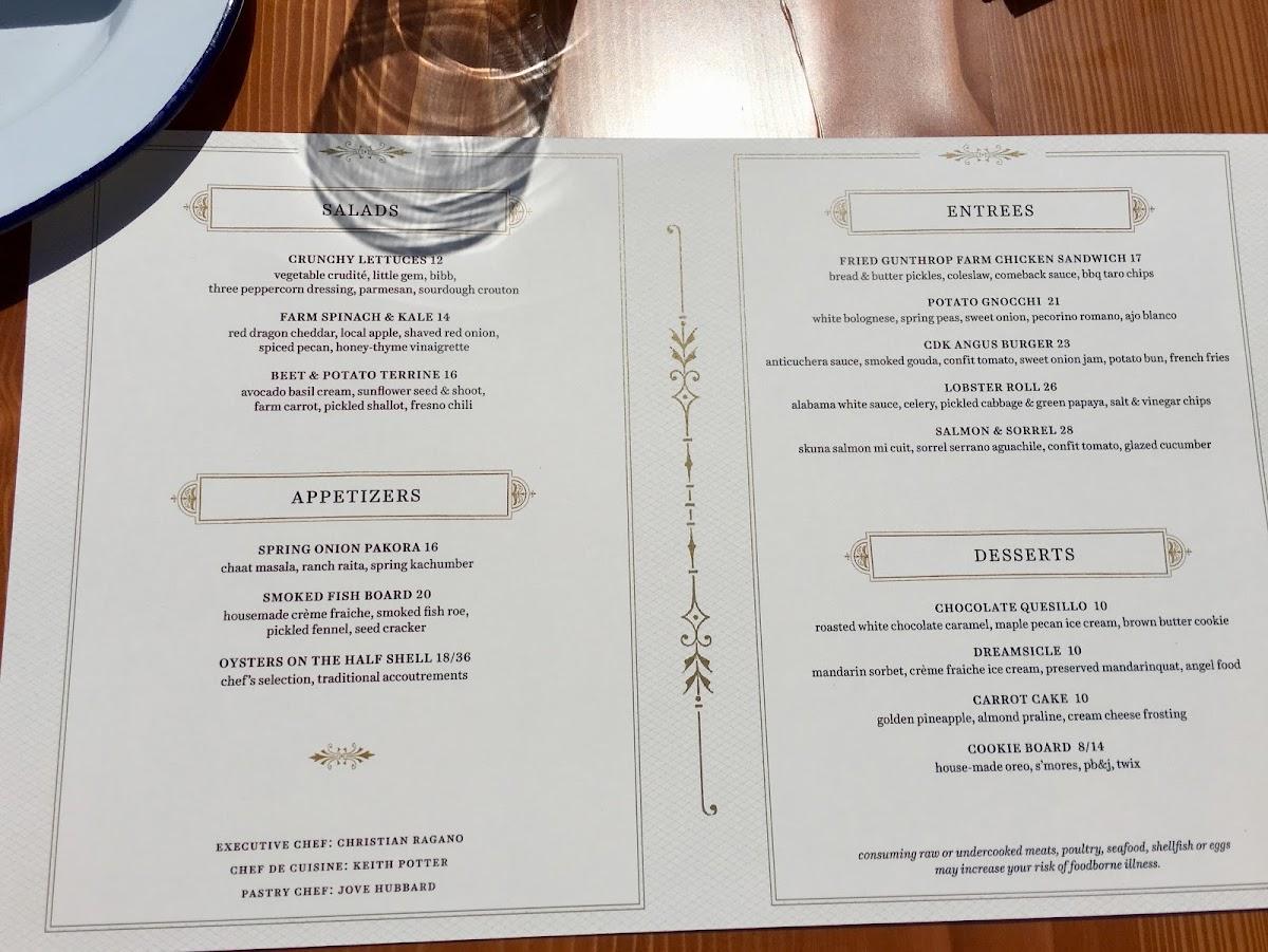 Menu at Cindy's Rooftop restaurant, Chicago