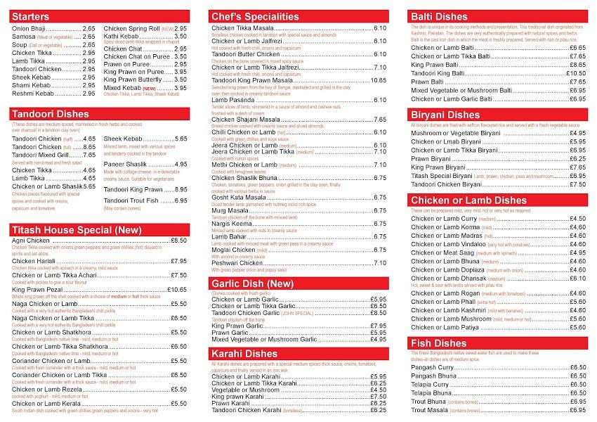 Menu at Titash restaurant, Downham Market