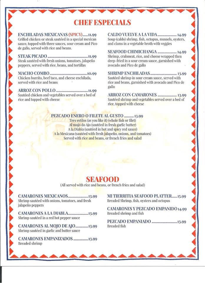 Menu at Mi Tierrita Okatie Inc restaurant, Bluffton, 214 Okatie Village Dr