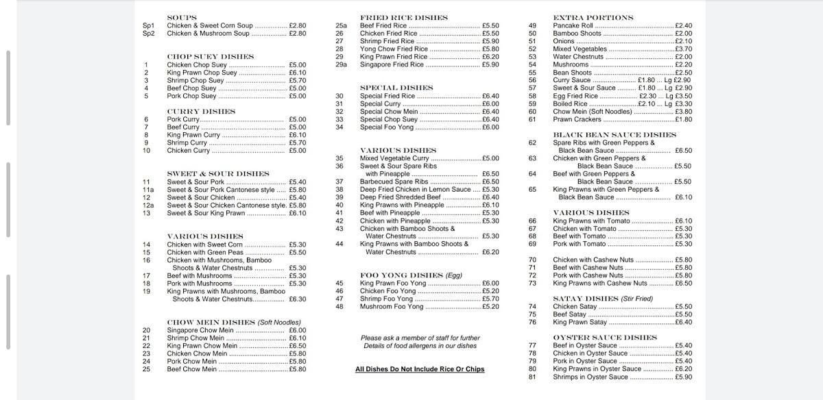 Menu at Wing Sing fast food, Hereford
