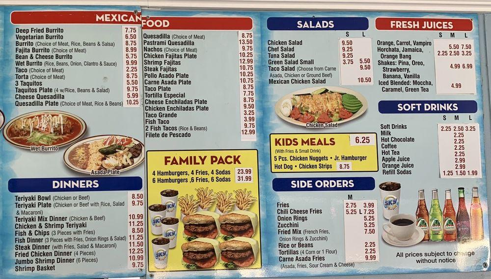 Menu at Sky Burgers restaurant, Paramount