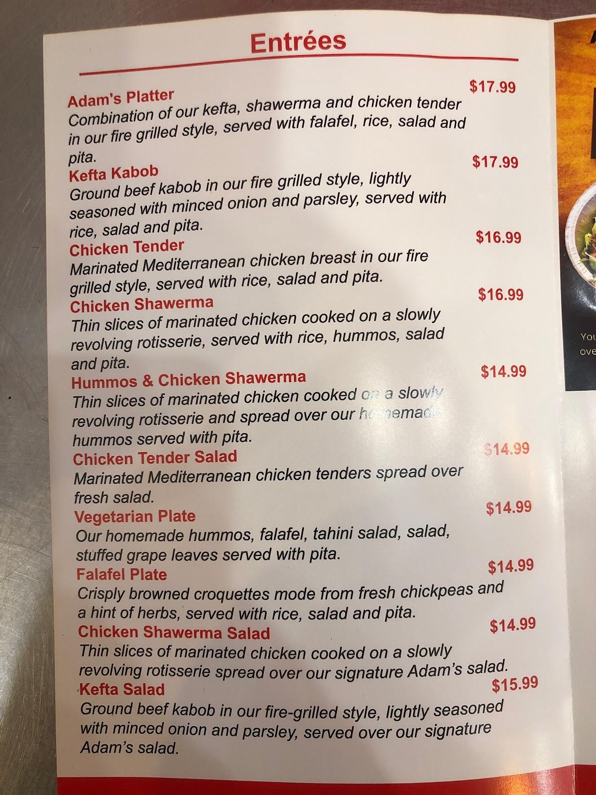 Menu at Adam's Kabob restaurant, Glenview