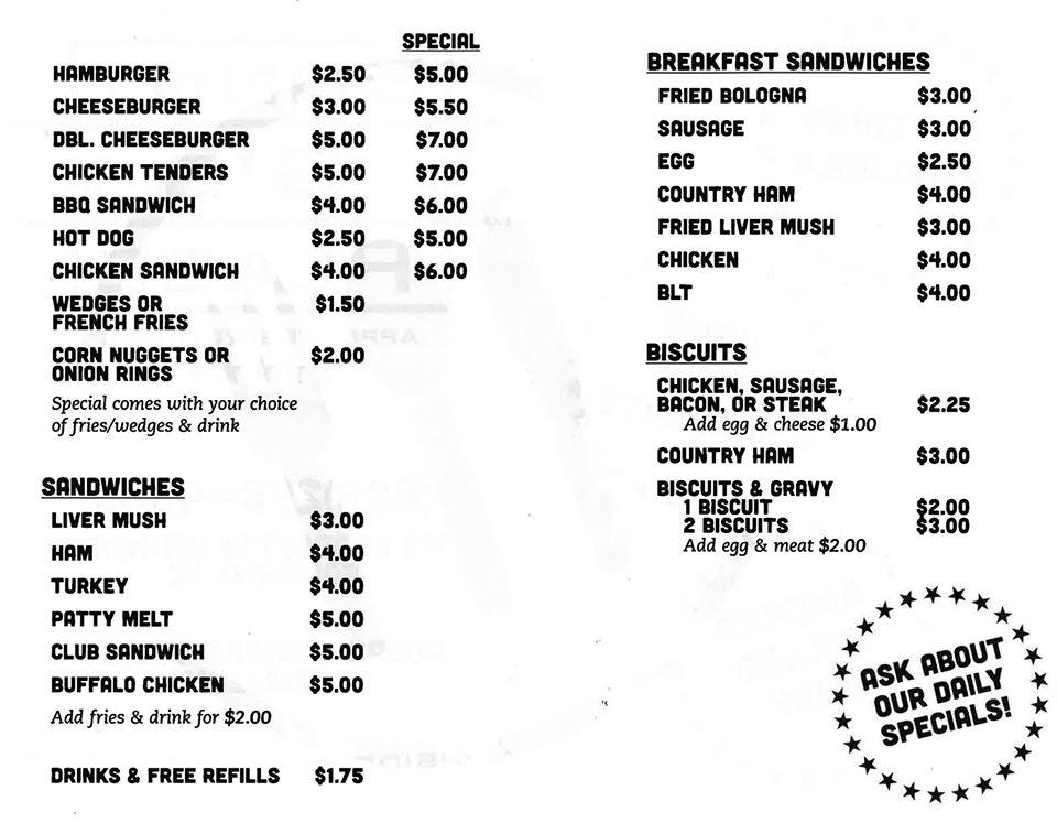 Menu at Sonny G's Place restaurant, Asheville