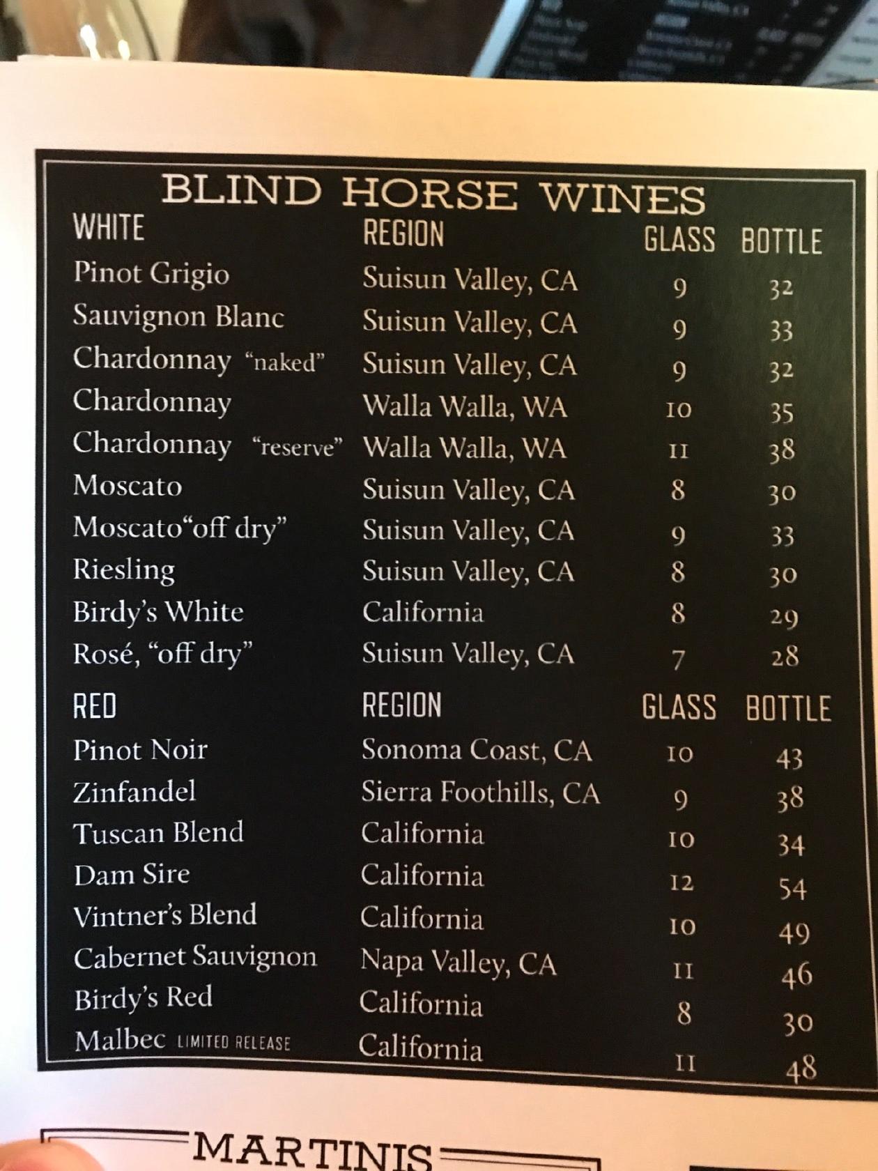Menu at The Blind Horse Restaurant & Winery, Kohler