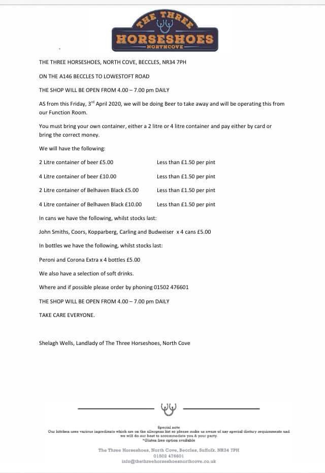 Menu at The Three Horseshoes, North Cove pub & bar, Beccles, Lowestoft Road