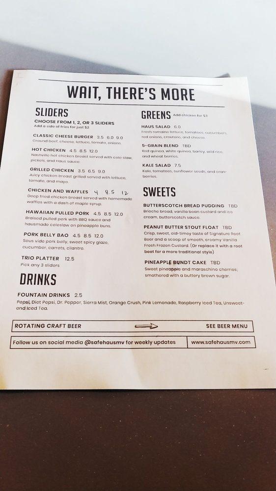 Menu at Safe Haus Craft Beer & Kitchen restaurant, Moreno Valley