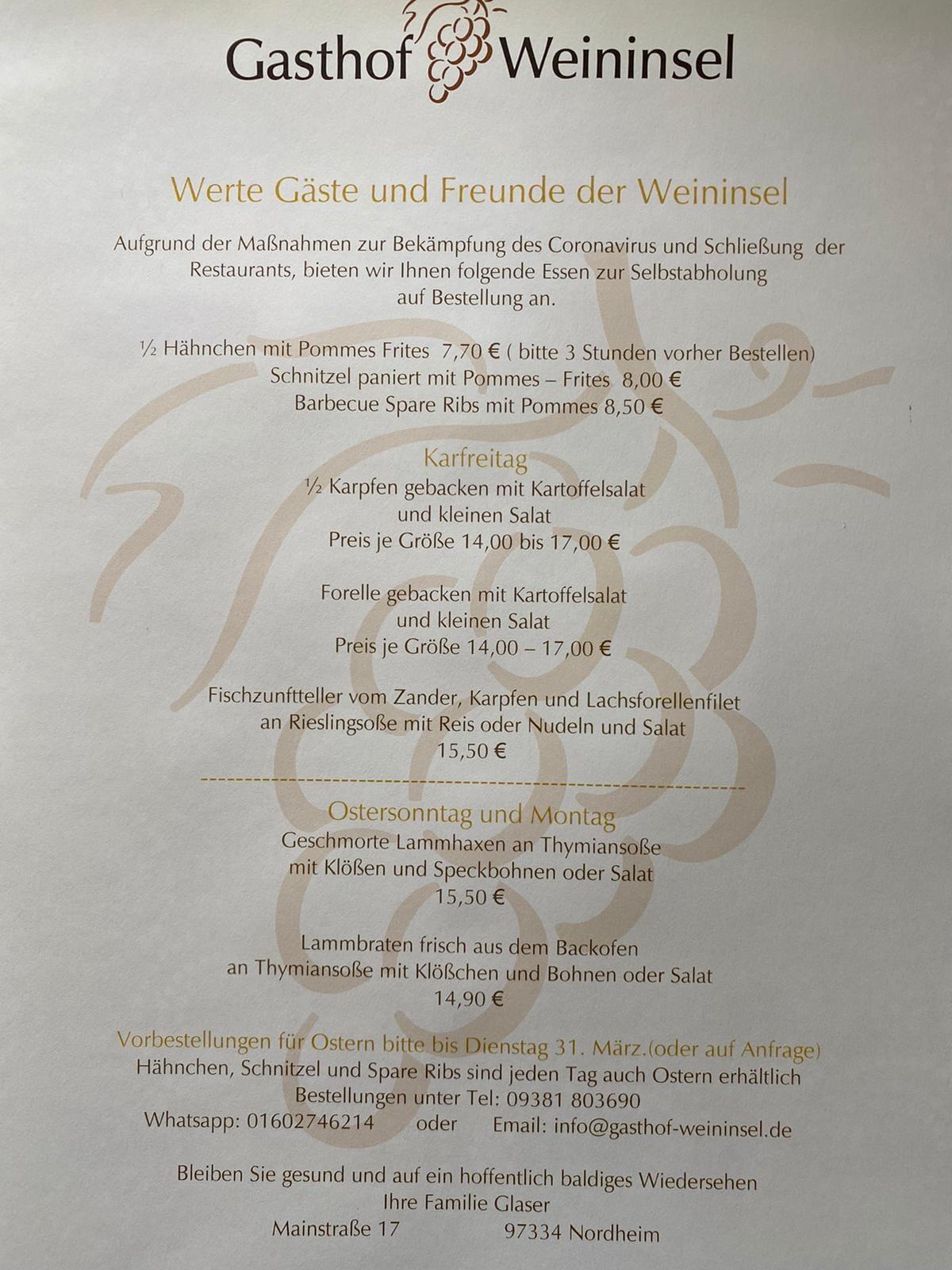 Speisekarte von Gasthof Weininsel restaurant, Nordheim am Main