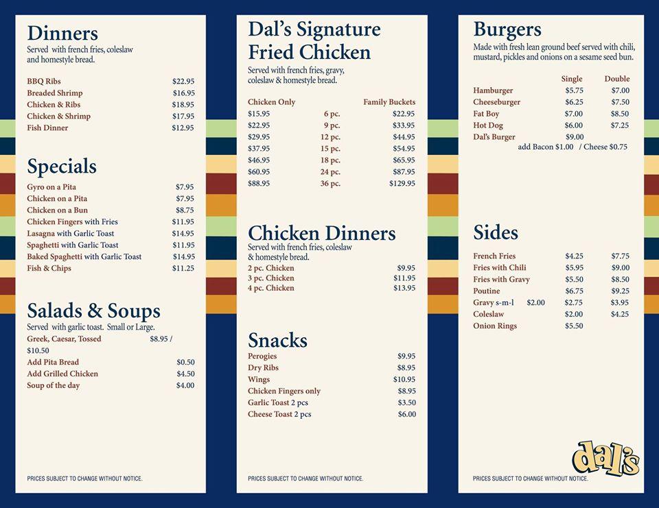 Menu at Dal's Restaurant & Lounge, Winnipeg, 701 Regent Ave W