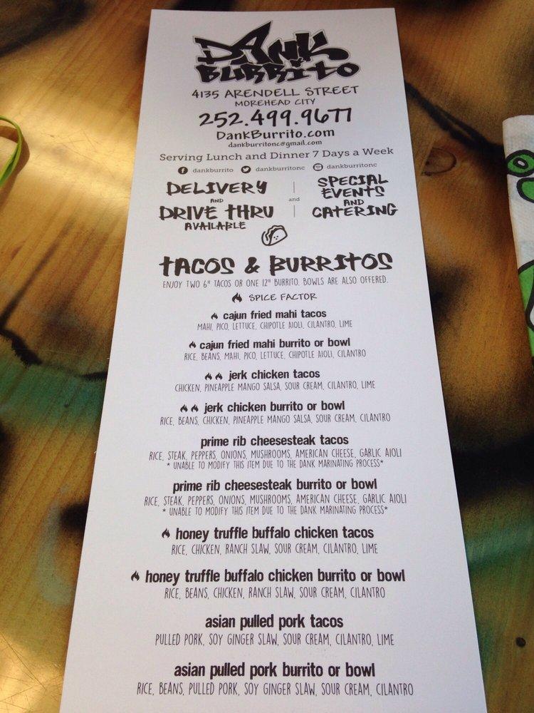 Menu at Dank Burrito restaurant, Morehead City