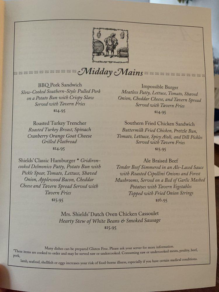 Menu At Shields Tavern Restaurant Williamsburg