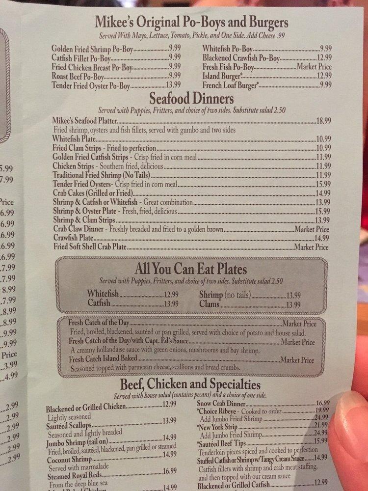Menu at Mikee's Seafood restaurant, Gulf Shores