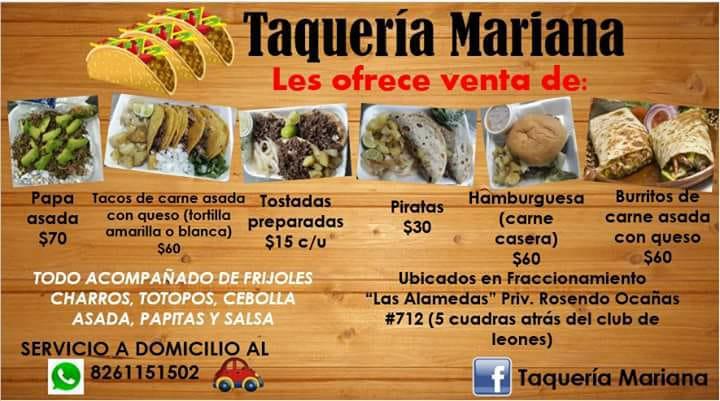 Menu at Taquería Mariana restaurant, Montemorelos