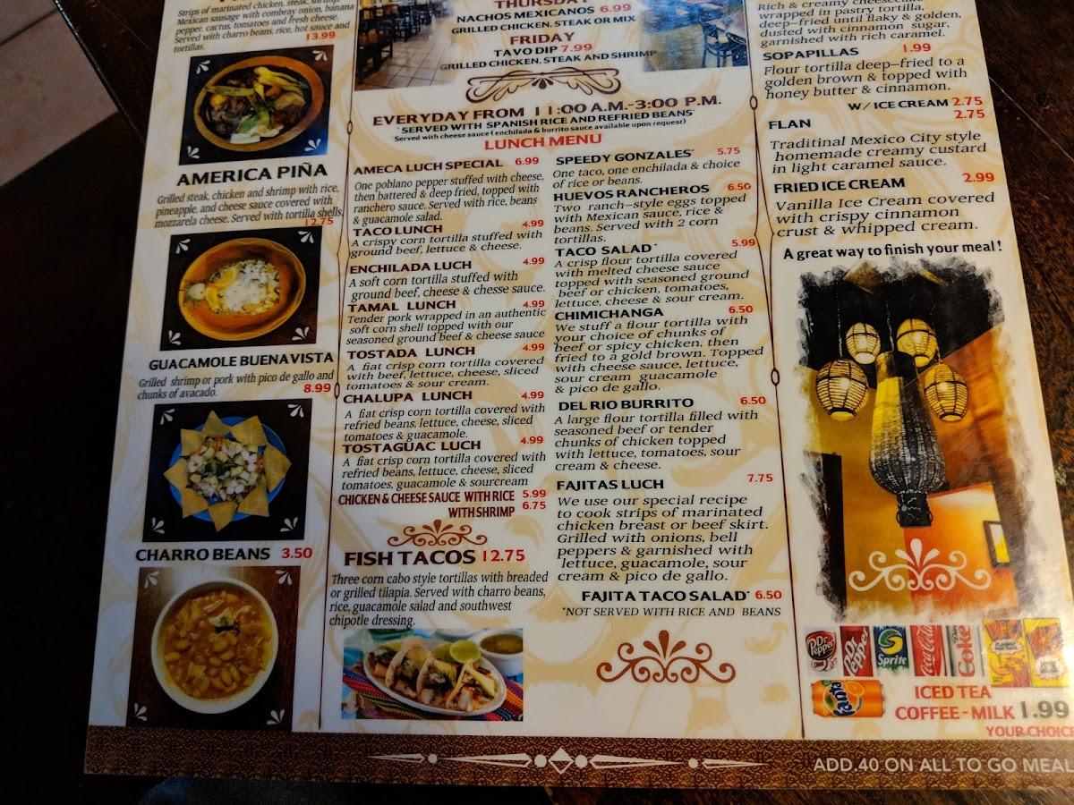 Menu at Ameca restaurant, Wynne