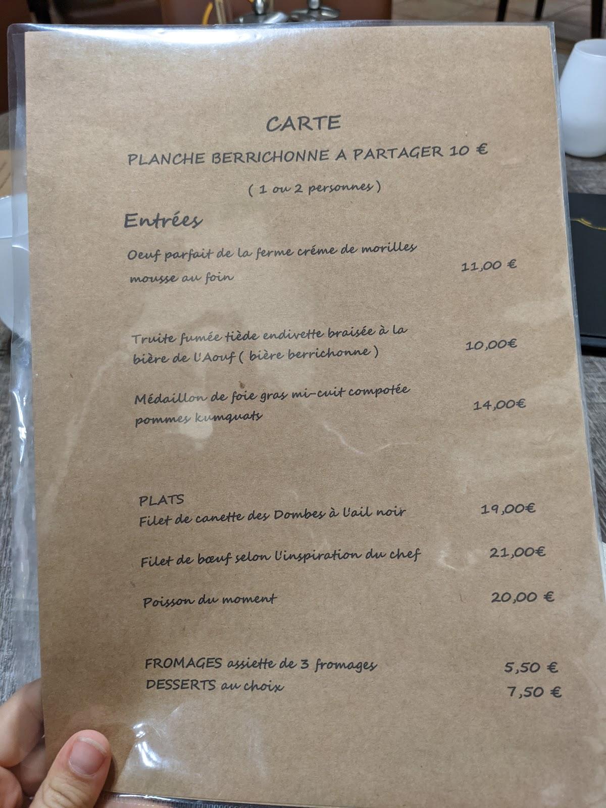 Menu au L' Atelier Gourmand restaurant, Vierzon