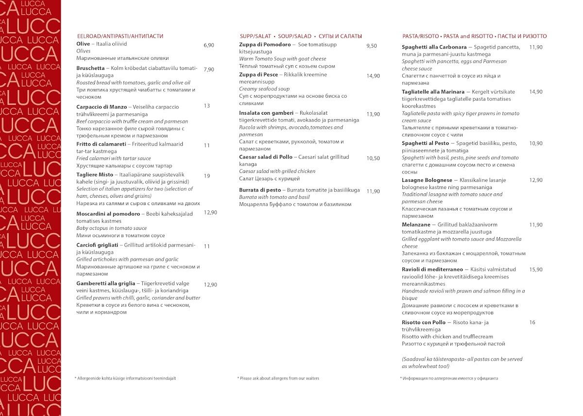 Menu at Lucca restaurant, Tiskre