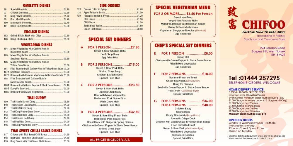 Menu at Chifoo Chinese Take Away fast food, Burgess Hill