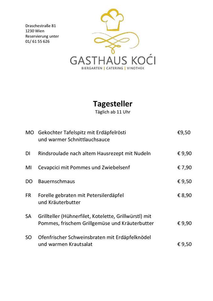 Menu at Gasthaus Koci Biergarten, Catering & Vinothek restaurant, Vienna