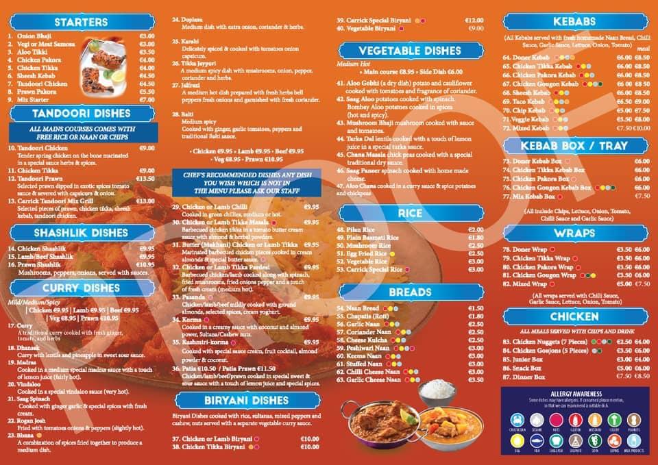Menu at Indian curry house 2014 restaurant, CarrickOnSuir