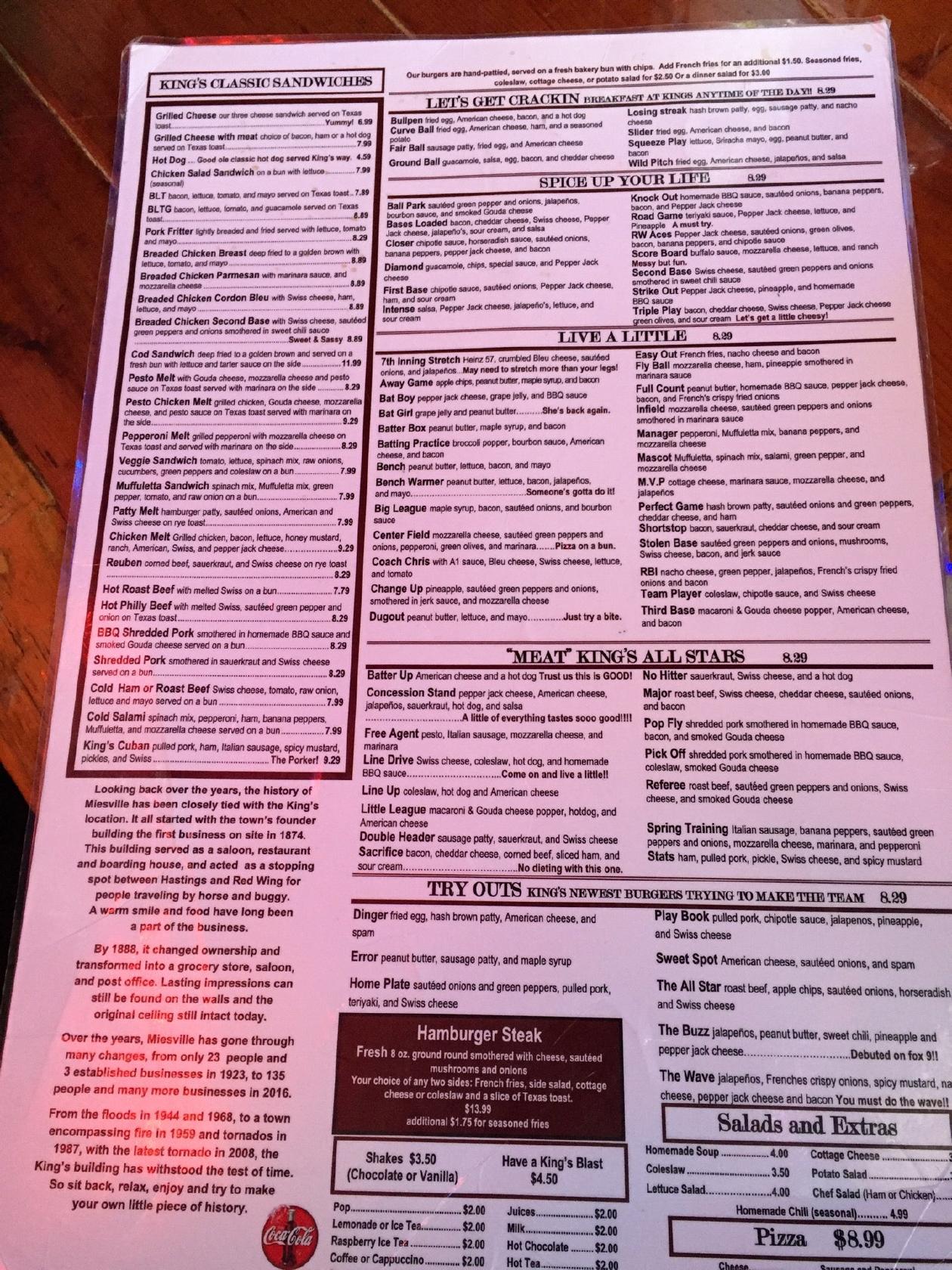 Menu at King's Place Bar and Grill, Miesville