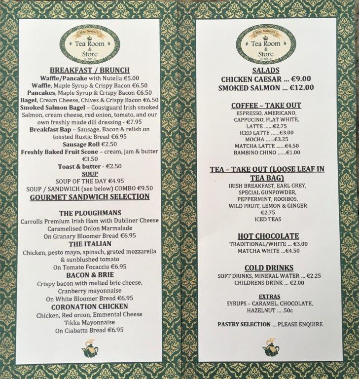 Menu at Mac Namee's Tea Rooms, Dunleer