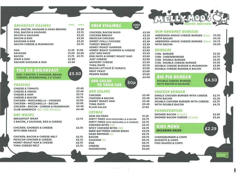 Menu at Melly Moo's fast food, Blackpool