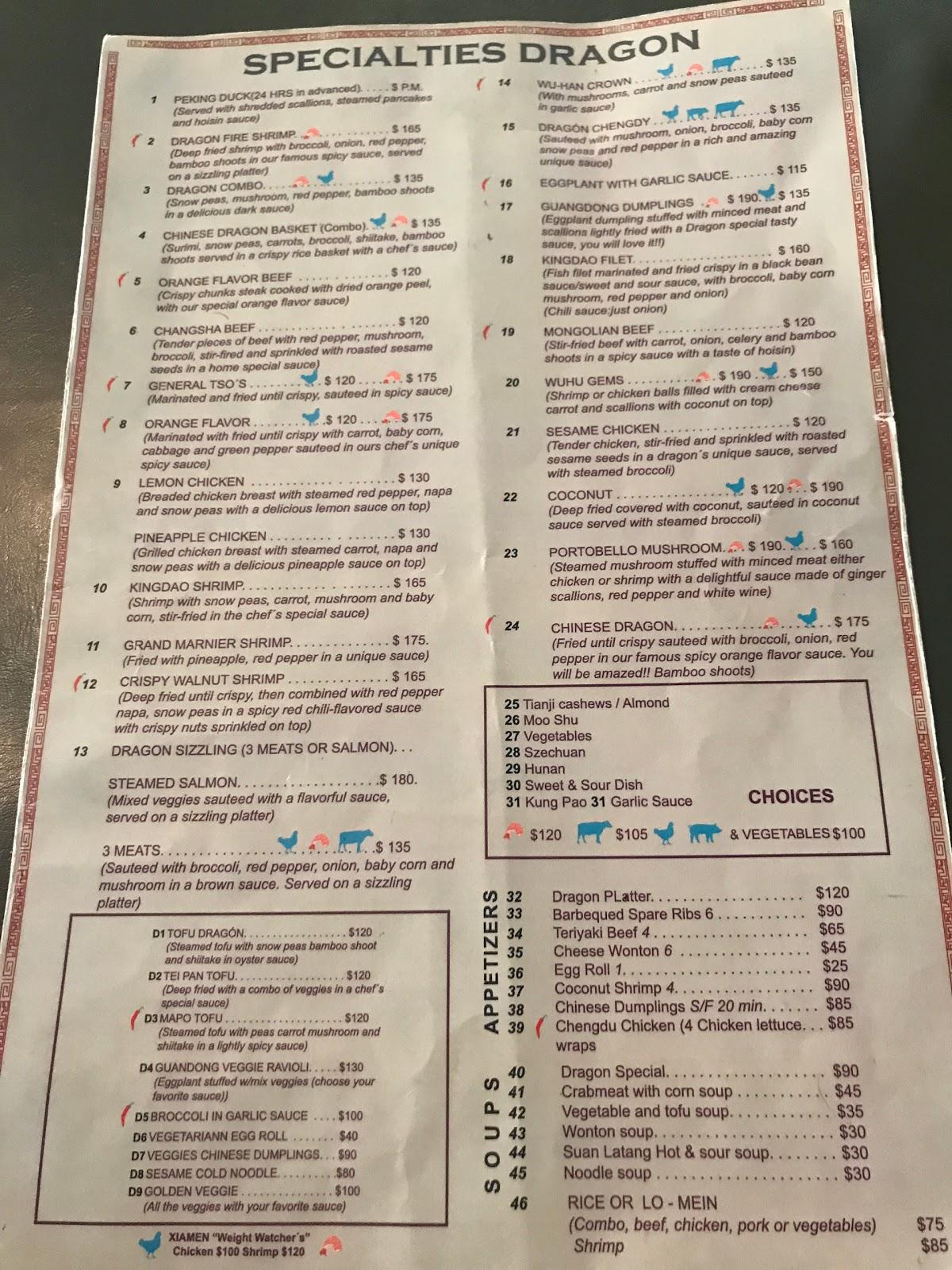 Carta del restaurante Dragón Chino San Miguel del Allende Salida a