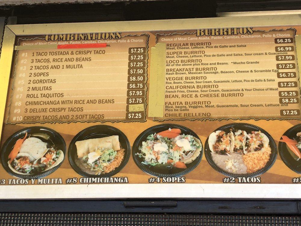 Menu at Los Tacos Locos restaurant, Vancouver