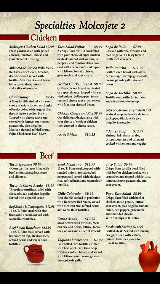 Menu at Molecajete Mexican Restaurant, Lepanto