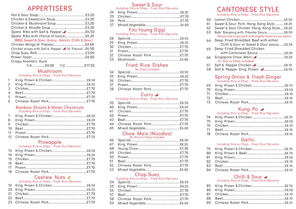 Menu At Seahouses Chinese Take Away Restaurant Seahouses