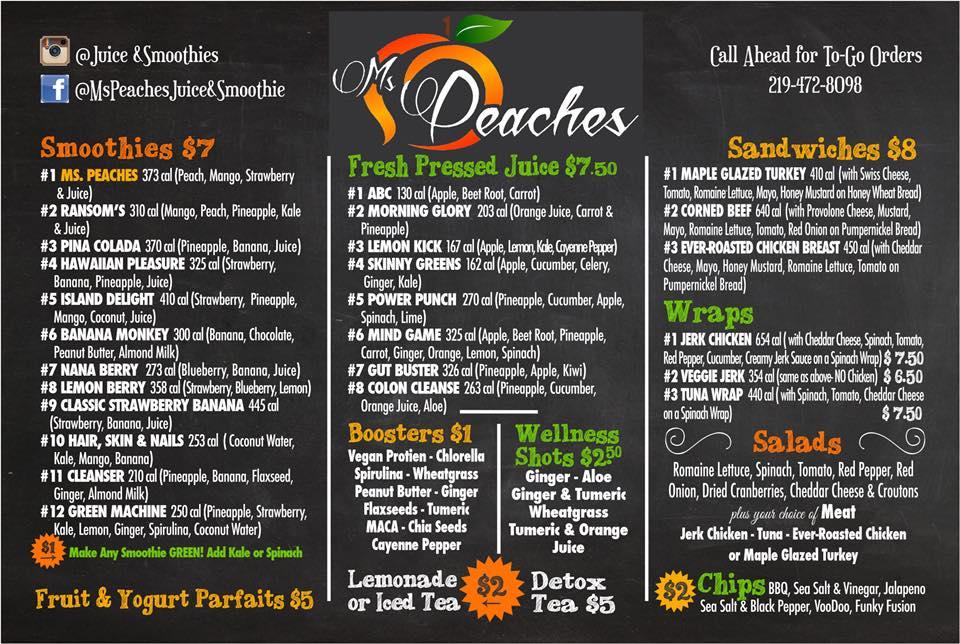 Menu at Ms. Peaches Juice & Smoothie Bar, Merrillville