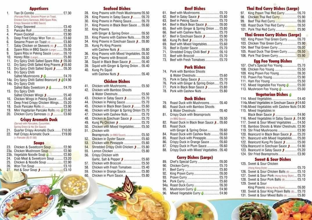 Menu at TIAN DI CHINESE TAKE AWAY restaurant, Bude