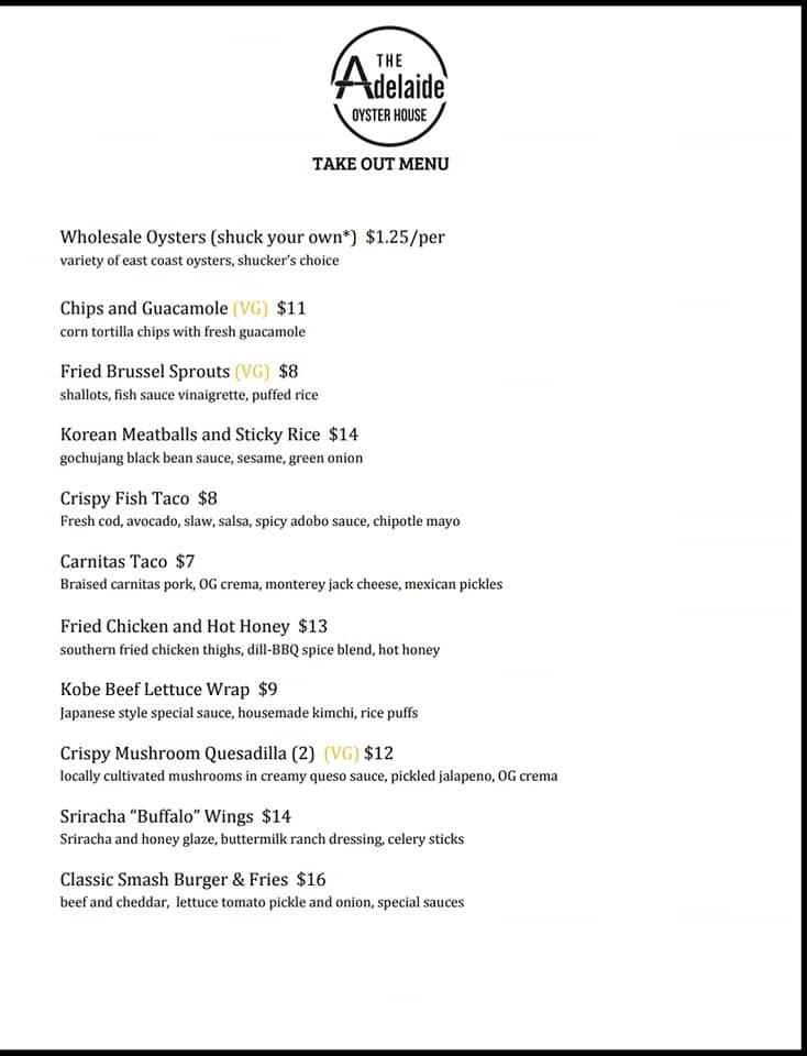 Menu at The Adelaide Oyster House pub & bar, St. John's