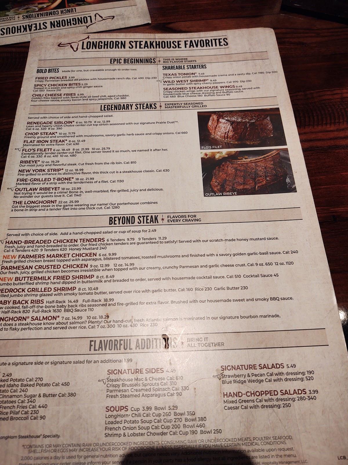 Menu at LongHorn Steakhouse, Colorado Springs