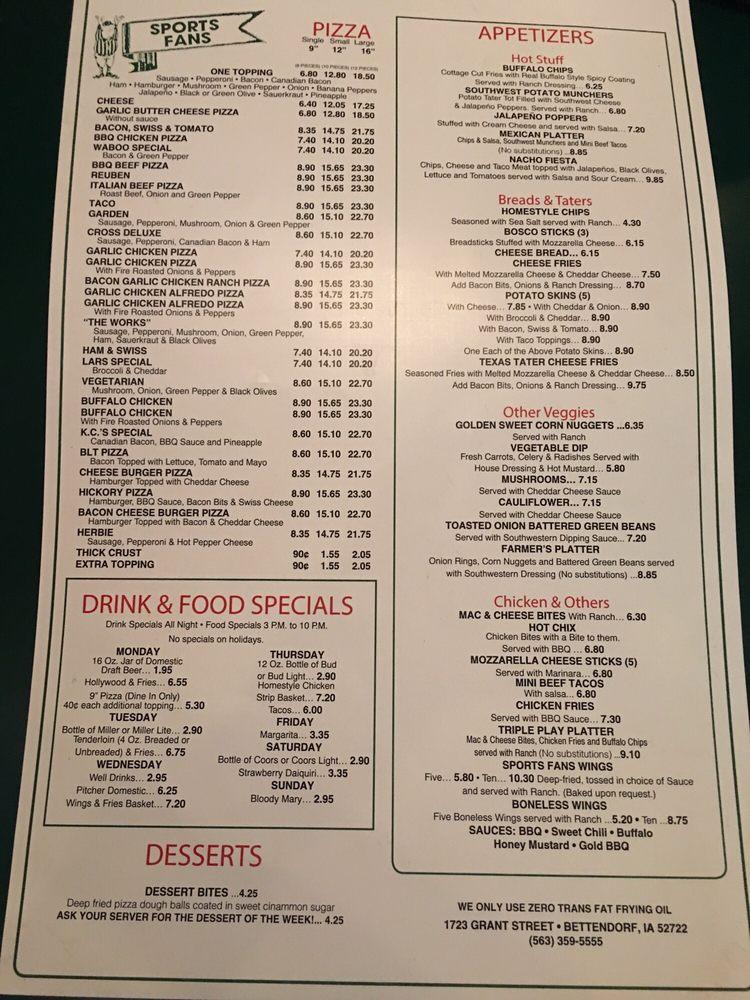 Menu at Sports Fans Pizza pub & bar, Bettendorf