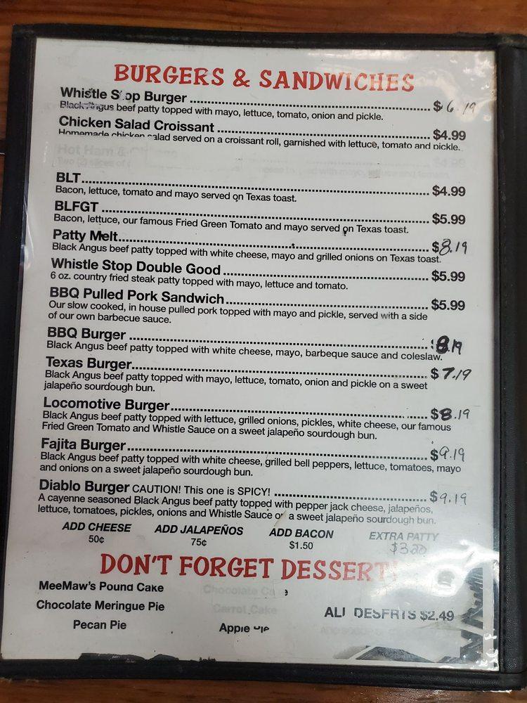 Menu at Whistle Stop Cafe, Wiggins