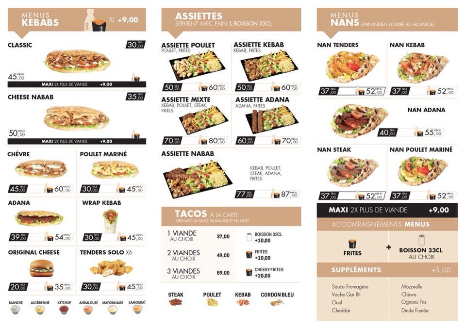 Menu at Nabab kebab restaurant, Casablanca
