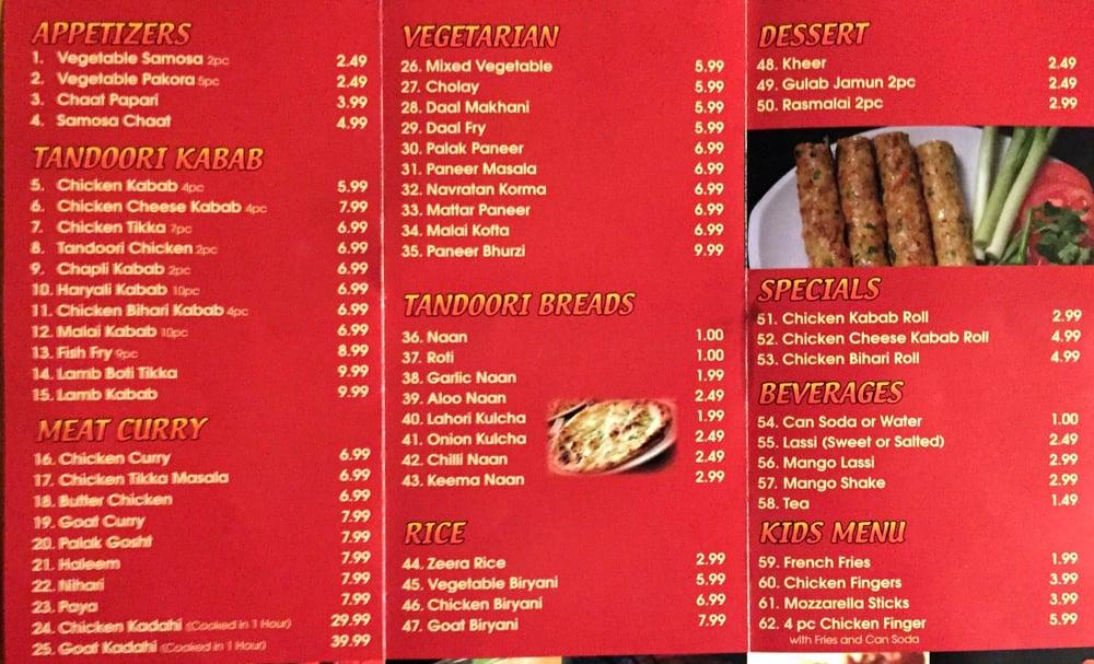Menu at Tandoori Kabab restaurant, Voorhees Township