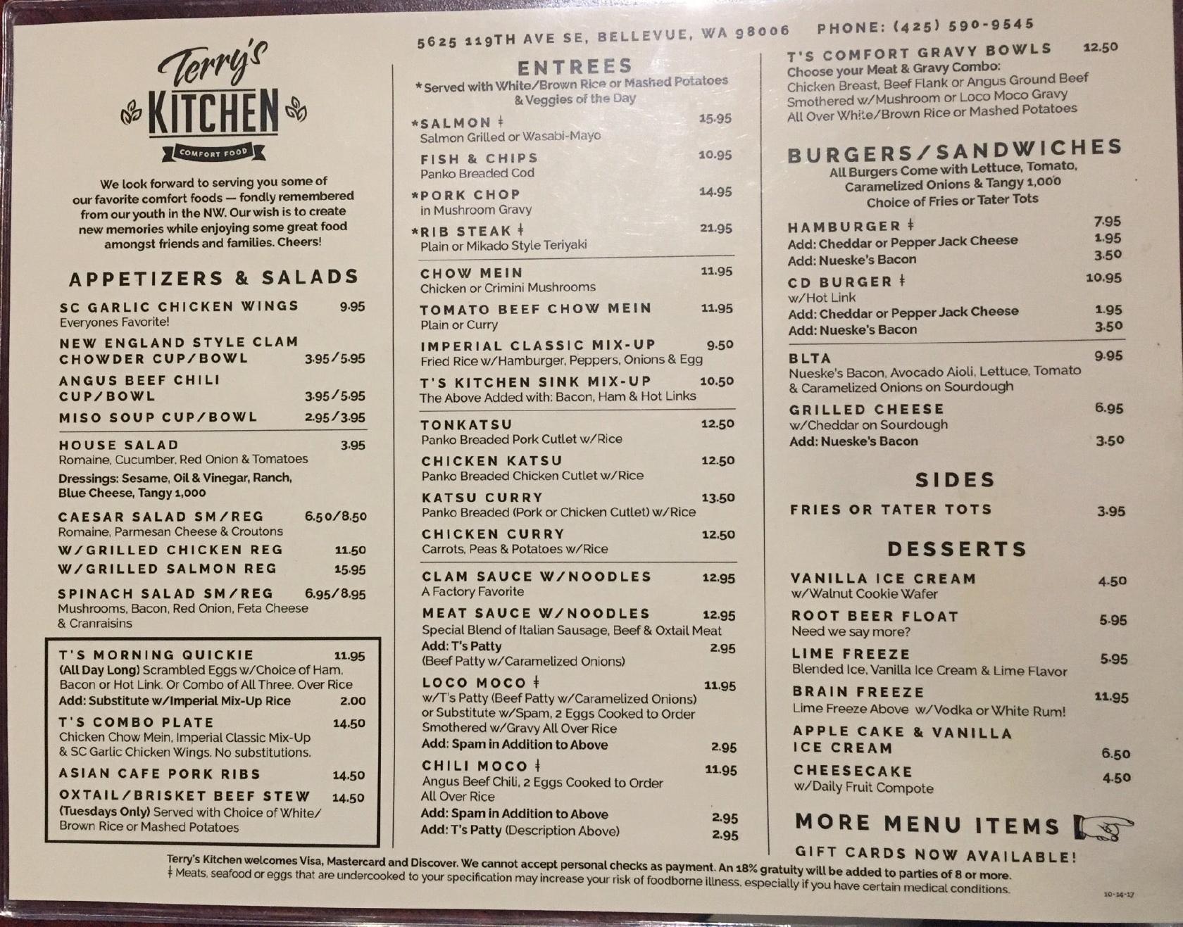 Menu at Terry's Kitchen restaurant, Bellevue