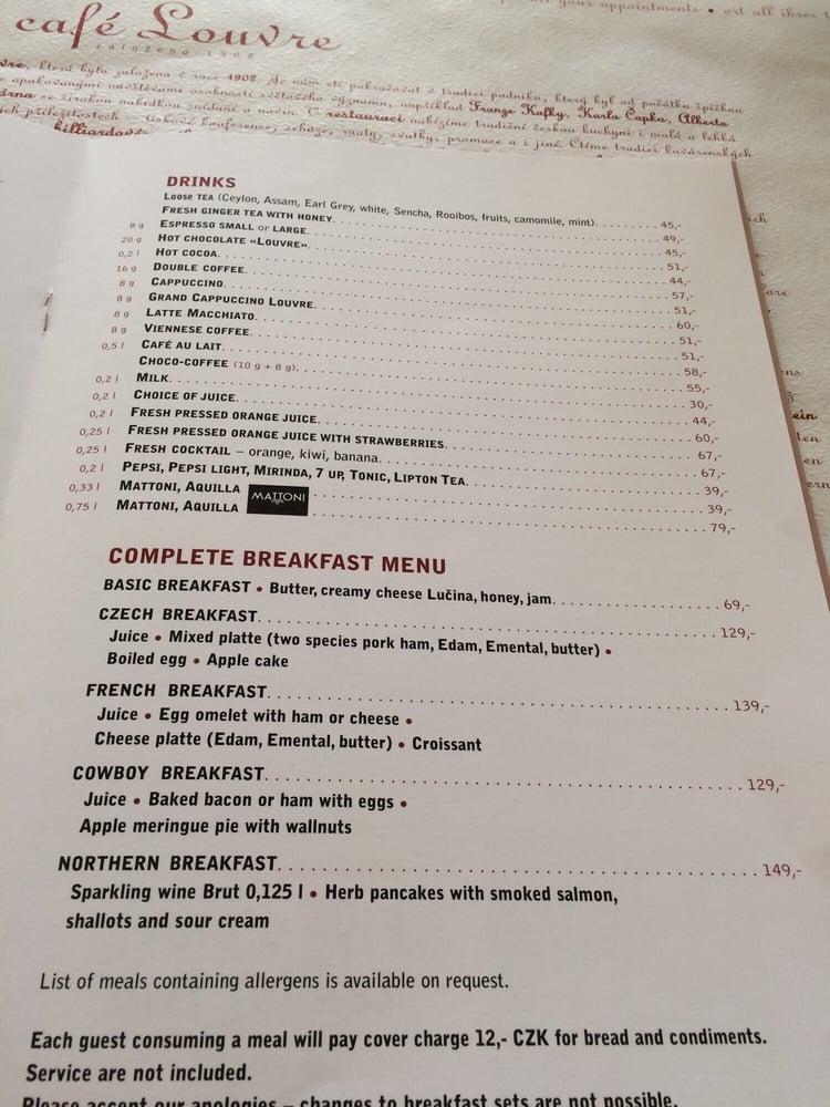 Menu at Café Louvre cafe, Prague, Národní 22