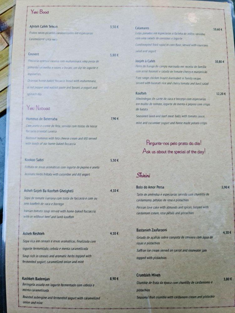 Menu at Cafeh Tehran, Lisbon