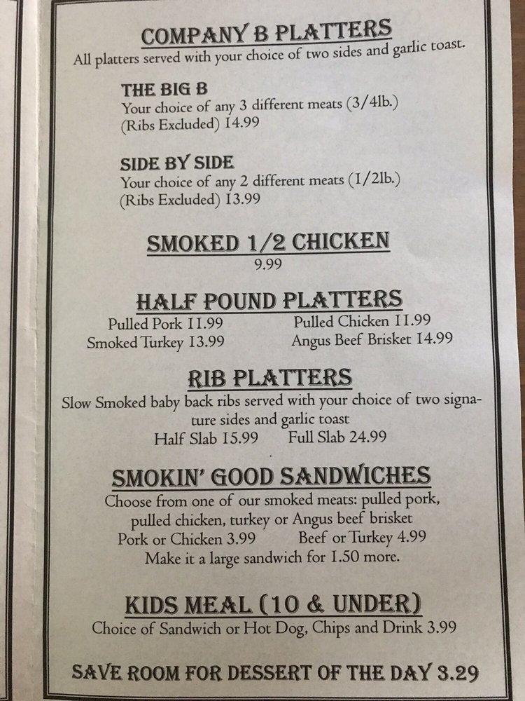 Menu At Company B Bbq, Byrnes Mill