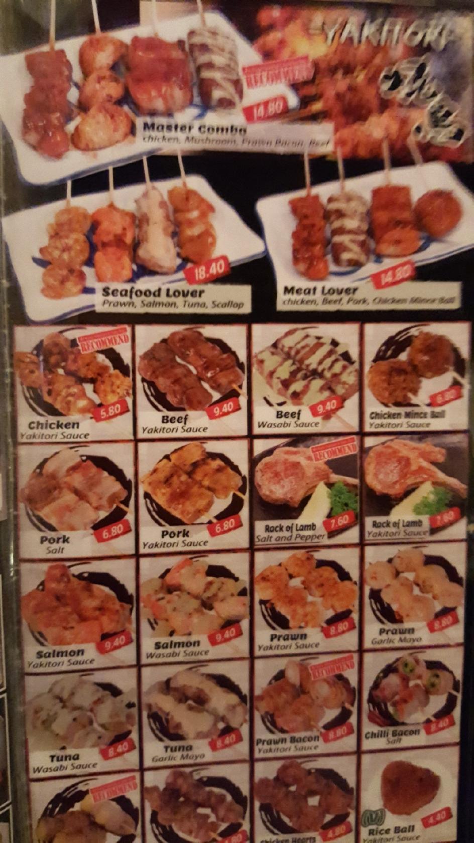 Menu at Kazu Yakitori & Sake Bar, Wellington