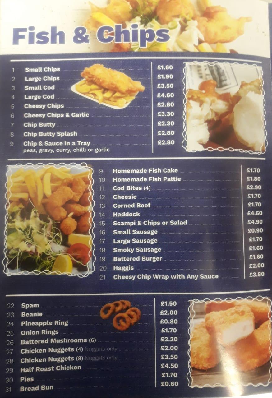 Menu at Marton Chippy fast food, Middlesbrough