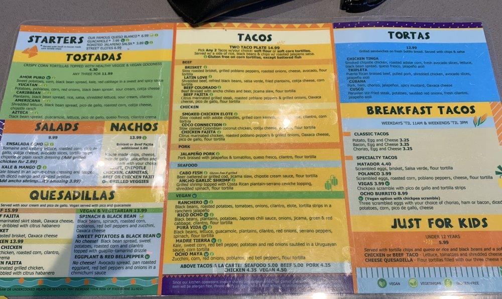 Menu at Taco Ocho McKinney restaurant, McKinney