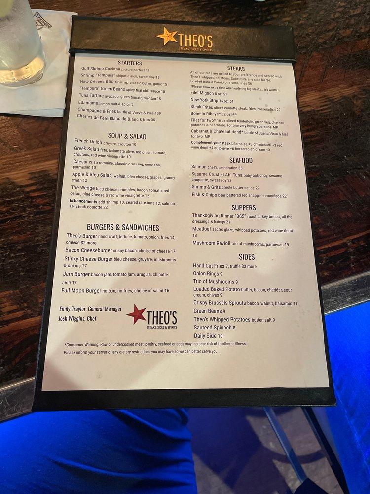 Menu at Theo's Steaks, Sides & Spirits Rehoboth Beach steakhouse