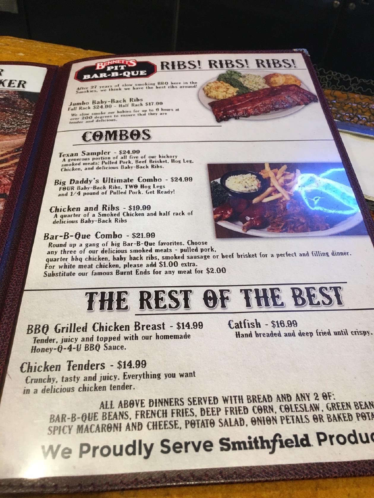 Menu At Bennett's Pit Bar-B-Que, Gatlinburg