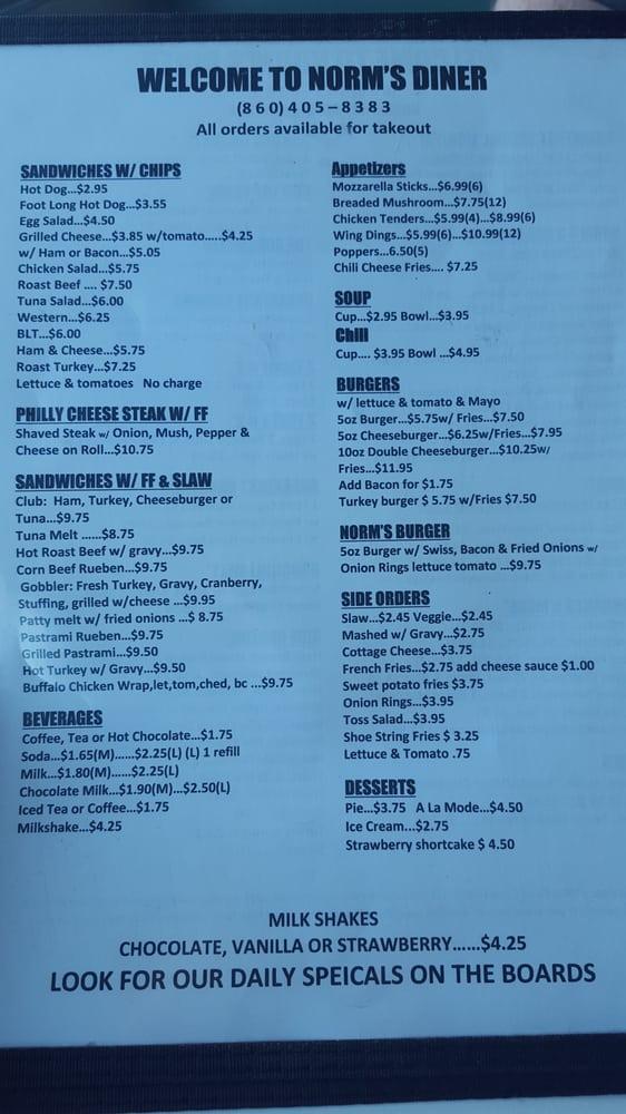 Menu at Norm's Diner restaurant, Groton