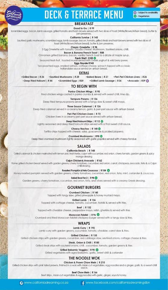 Menu At California Dreaming Restaurant Durban 150 Marine Parade