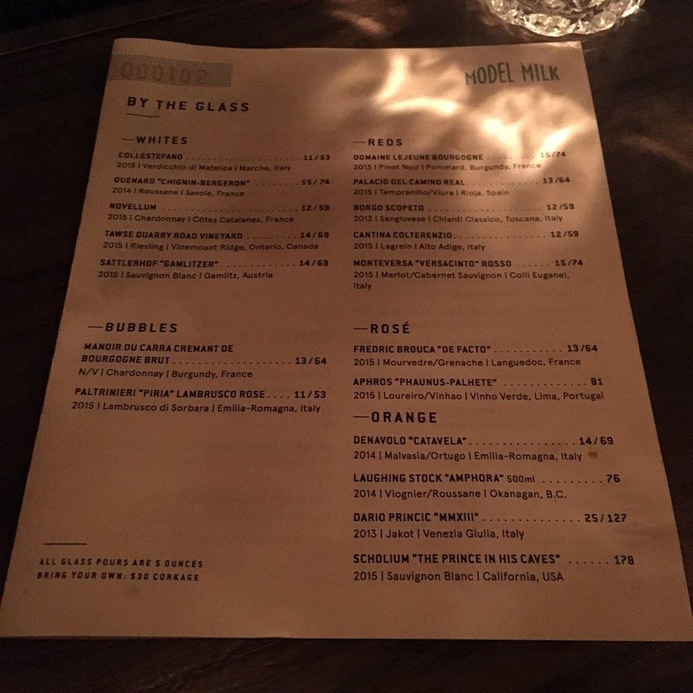 Menu at Model Milk restaurant, Calgary