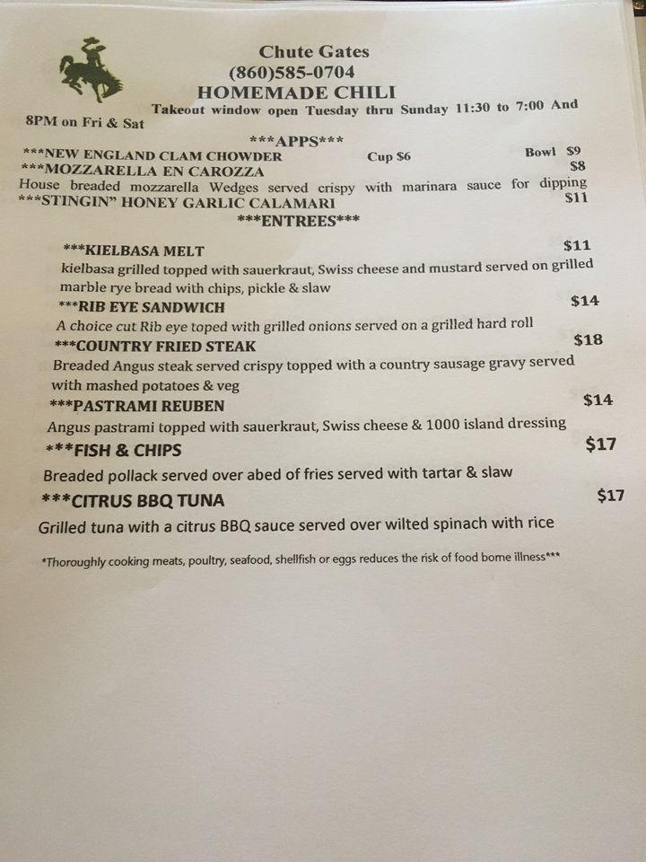 Menu at Chute Gates Steakhouse, Plymouth